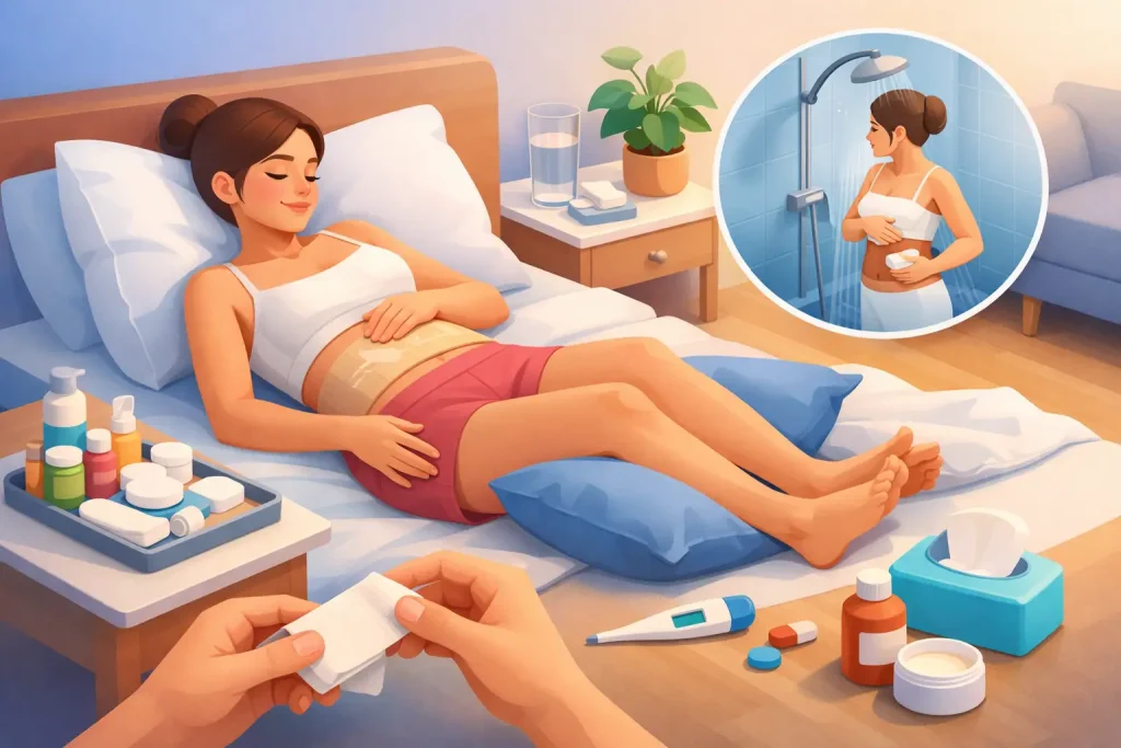 Exemplo de cuidado após abdominoplastia em casa